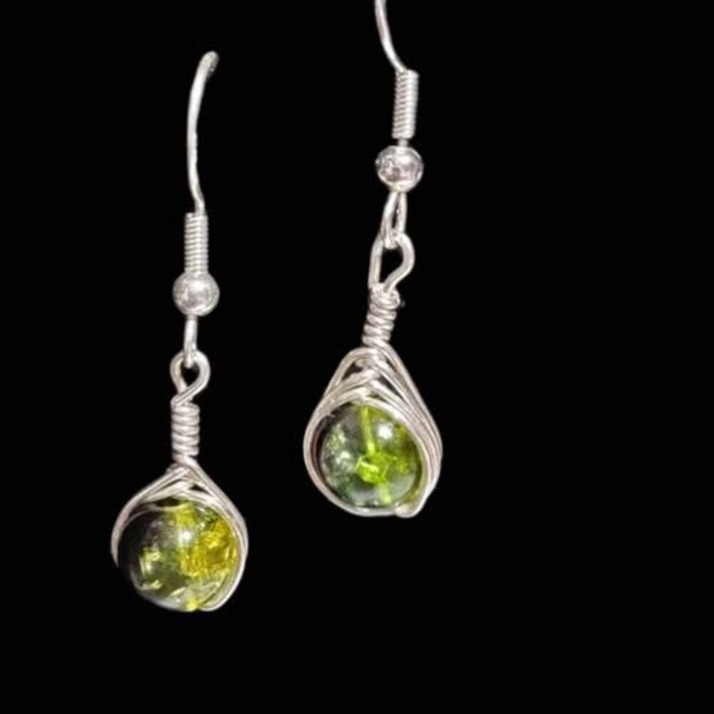 Silver Wire Wrapped Green Black Glass Globe Earrings